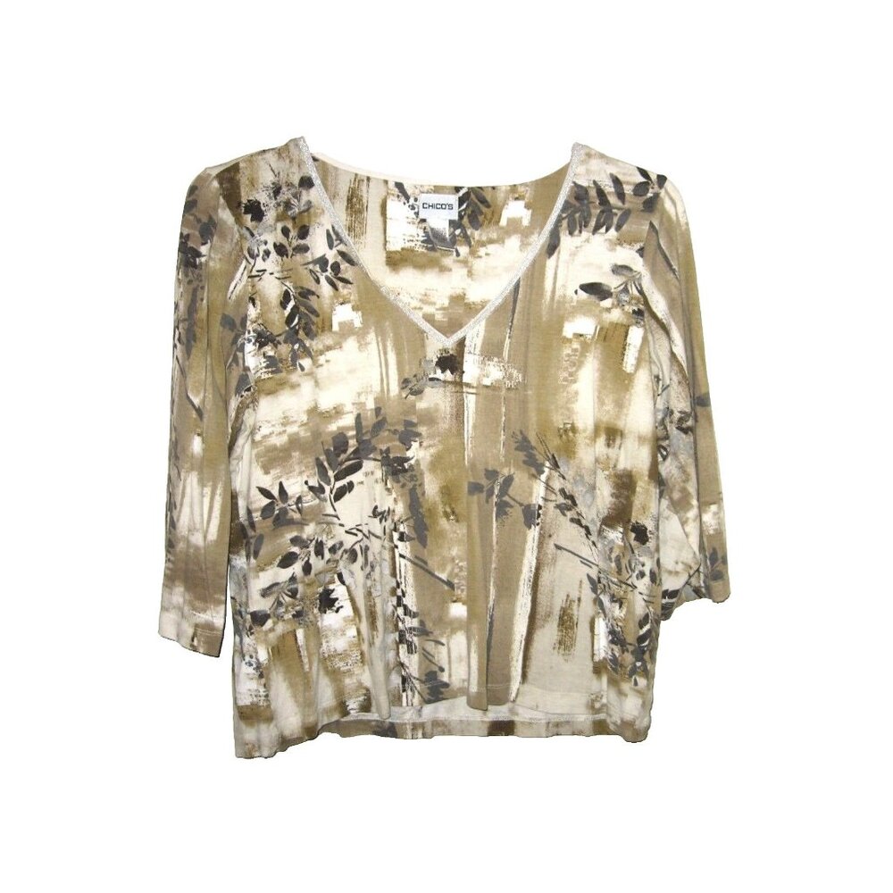 Chico's White Green Silver Metallic Leaves 3/4 Sleeve Top Size 2 L 12
